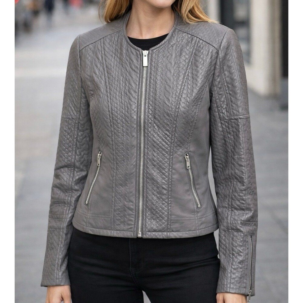 NWT NY&CO Women’s Textured Quilted Gray Vegan Faux Leather Jacket size Medium